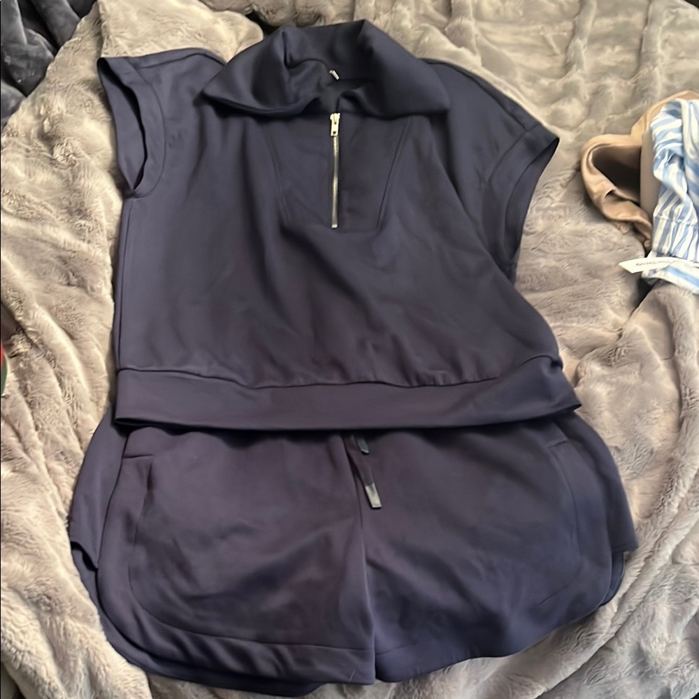 Amazon Women's Navy Zip-Front Short Sleeve Top and Drawstring Shorts Set